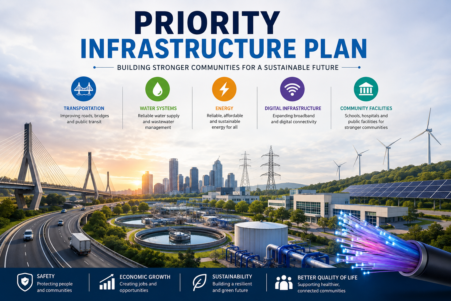 Priority infrastructure plan showing strategic planning for roads, energy, water, and digital infrastructure