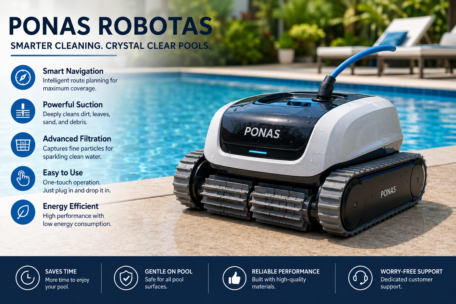 PONAS Robotas robotic pool cleaner beside a swimming pool