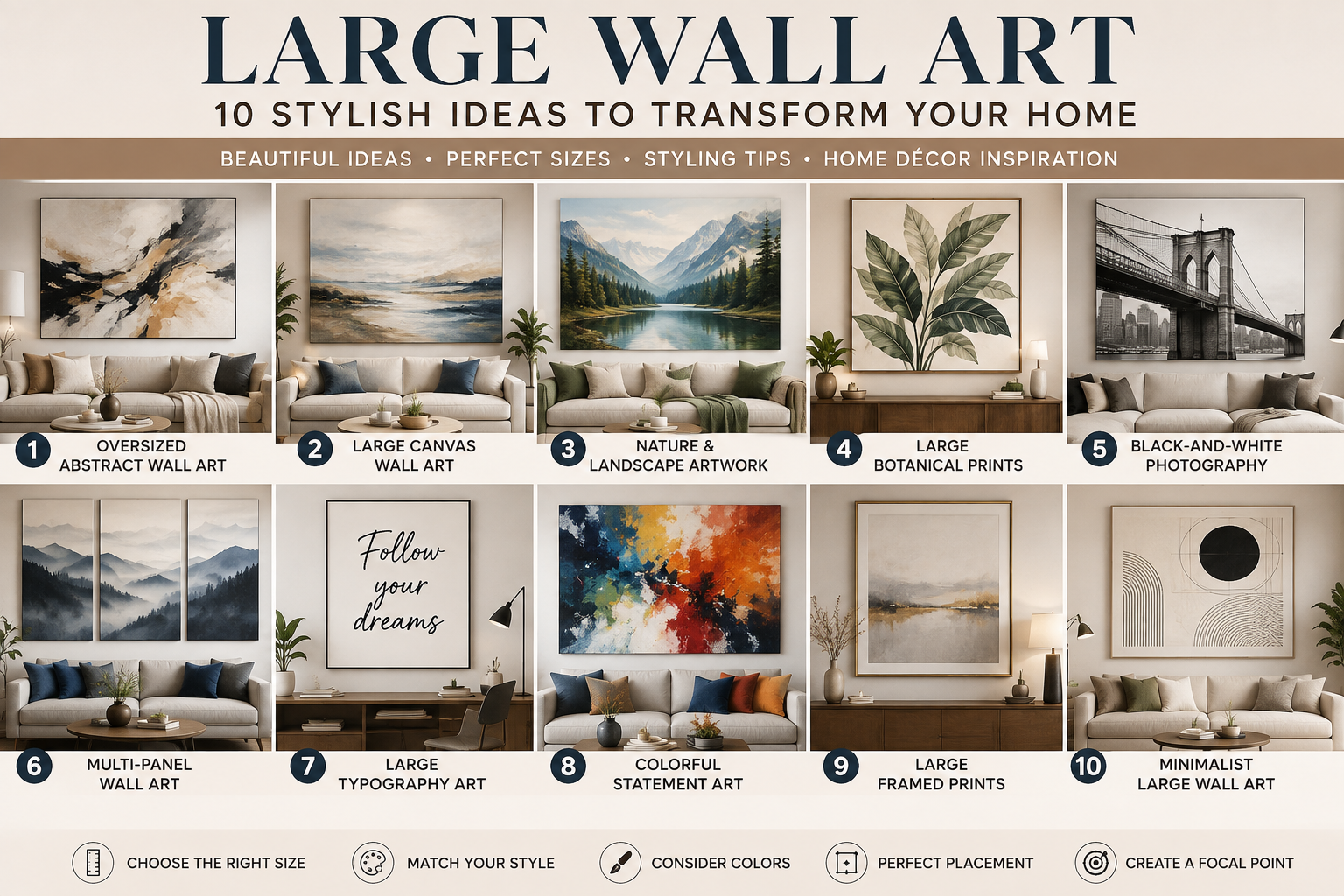 Large wall art above a modern living room sofa