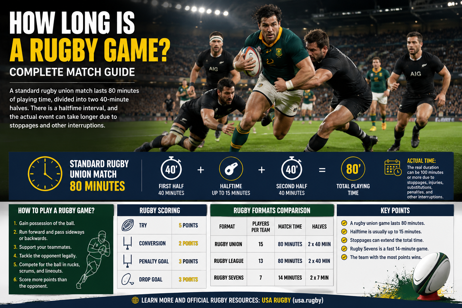How Long Is a Rugby Game?showing rugby players competing during an 80-minute match