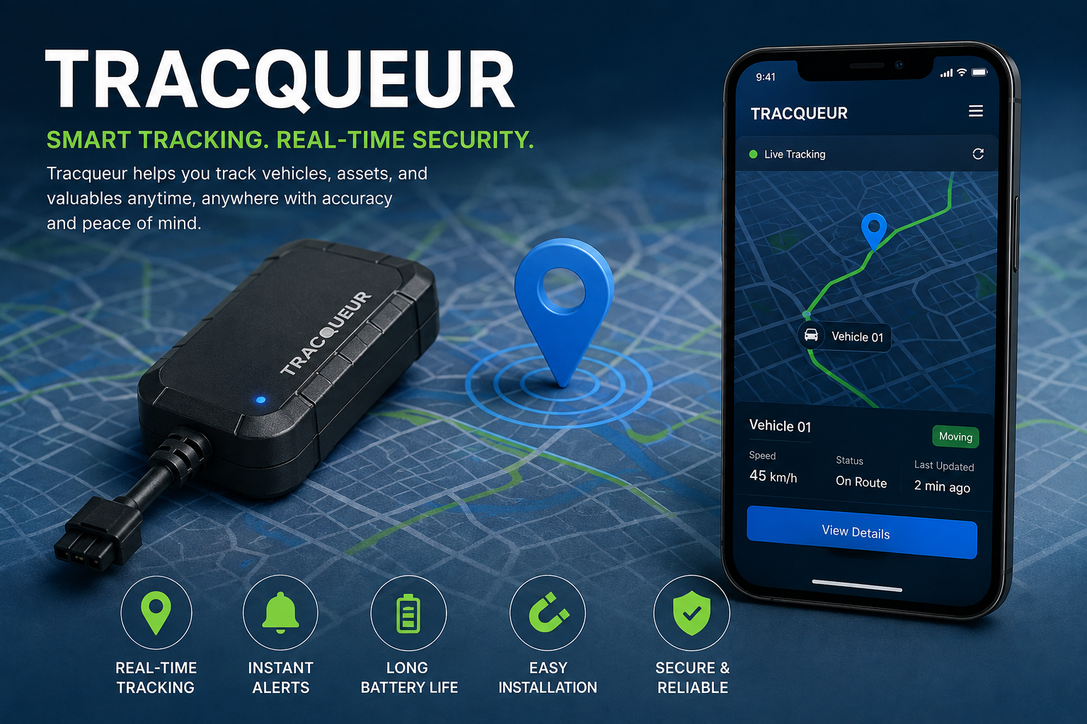 Tracqueur GPS tracking device with real-time vehicle tracking app